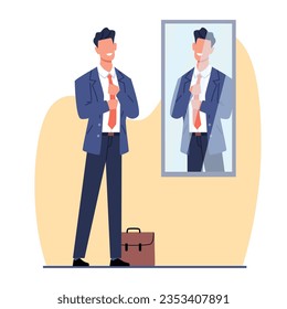 Young businessman is tying his tie in front of mirror. Man checking his appearance. Preparing for new working day. Ambitious office character. Cartoon flat style isolated vector concept