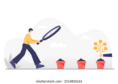 Young Businessman use magnifying glass on plant pot  looking for money plant, business concept , vector illustration