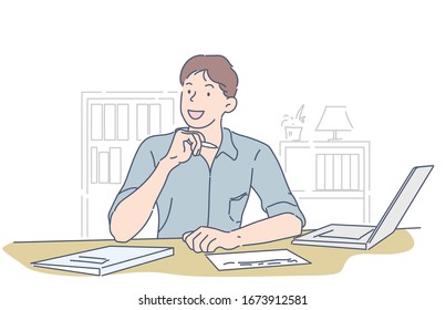 A young businessman uses a laptop at work, and comes up with new ideas. Hand drawn thin line style, vector illustrations.