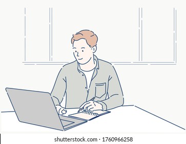 A young businessman uses a laptop at work and comes up with new ideas. Freelancer working at home concept. Hand drawn in thin line style, vector illustrations.