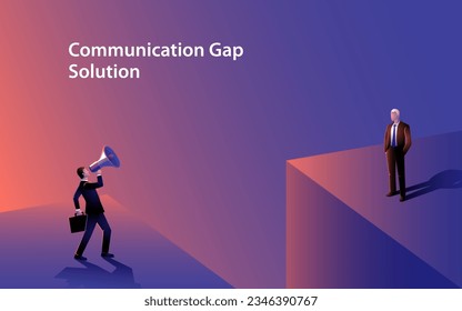 Young businessman uses a megaphone to bridge the gap with an older colleague across an abyss. Symbolizes effective communication, collaboration, and breaking of generational barriers in business world