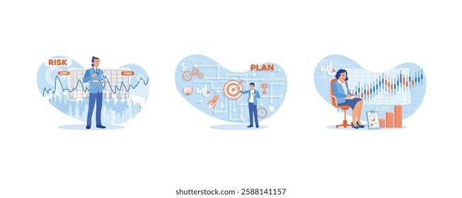 Young businessman using controlling risk management strategies in decision making. Entrepreneur analyzing financial data using candlestick charts. Business analysis instruments concept. 