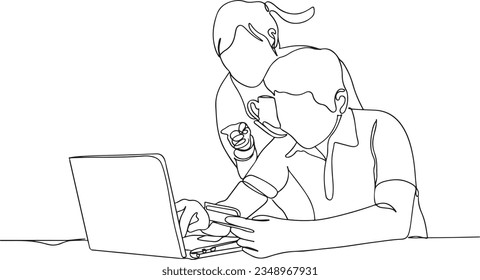 Young businessman using laptop computer mobile phone holding debit vector illustration,  Vector of Business Couple Handling Digital Transactions
