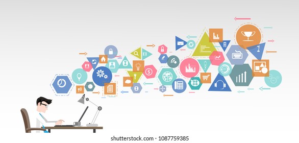 Young Businessman  Using  Laptop  - Polygon, Geometry, Colorful, icon - modern Vector illustration Business.
