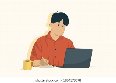 Young businessman using laptop and taking notes concept for banner, poster, website, etc.