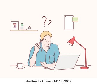 Young Businessman Using Laptop At Workplace. Hand drawn style vector design illustrations.