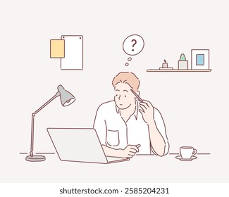 Young Businessman Using Laptop At Workplace. Hand drawn style vector design illustrations.	