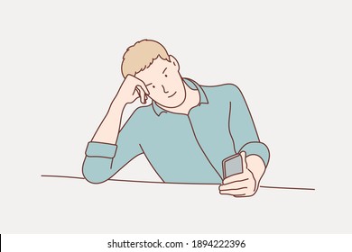 A young businessman using a smartphone with a smile. Hand drawn style vector design illustrations.