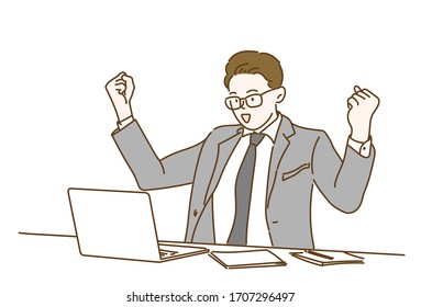 Young businessman very happy with really impressive achievements. He is looking at a laptop on his desk. Hand drawn in thin line style, vector illustrations.