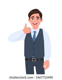 Young businessman in waistcoat showing thumb up gesture. Person making symbol of like, agree or good sign. Male character design illustration. Human emotions/expressions concept in vector cartoon.