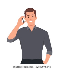Young businessman in waistcoat speaking on the phone. Trendy person calling to mobile. Male character talking over cellphone. Flat vector illustration isolated on white background