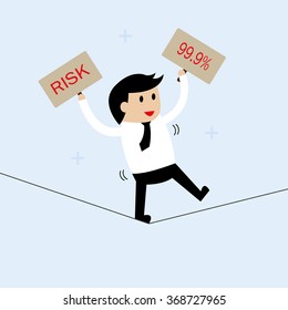 Young businessman walk on the rope. Risk management concept.