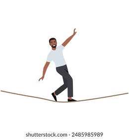 Young businessman walking on balancing slackline rope. Flat vector illustration isolated on white background