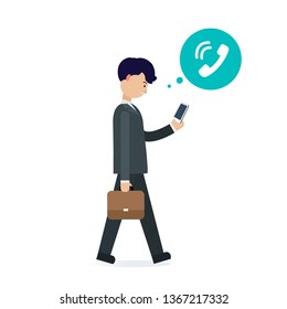 Young businessman walking with phone and call icon.Business man calling about business.