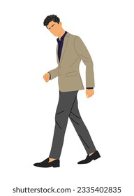 Young businessman walking side view. Stylish man wearing formal office outfit. Business fashion look. Cartoon character vector realistic illustration isolated on white background