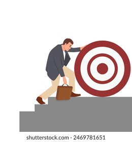 Joven empresario subiendo la escalera con la flecha como camino para alcanzar la meta. Ilustración vectorial plana aislada sobre fondo blanco