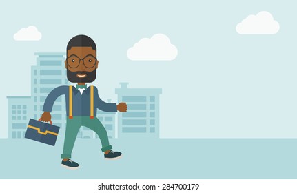 A Young businessman walking through the city's streets to attend a business meeting carrying a briefcase. A contemporary style with pastel palette soft blue tinted background with desaturated clouds