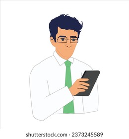 Young Businessman Watching Smart Phone Businessman Illustration Boy Looking at Phone Vector