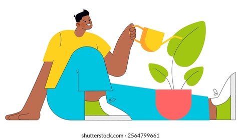 Young businessman watering a potted plant, representing growth and nurturing in business. Personal development and career nurturing concept. Vector illustration.