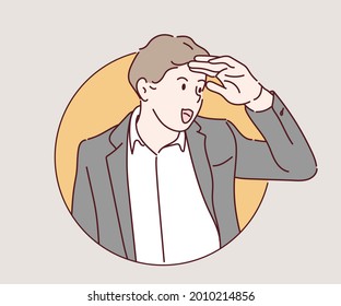 Young businessman wearing business jacket very happy and smiling looking far away with hand over head. Searching concept. Hand drawn in thin line style, vector illustrations.