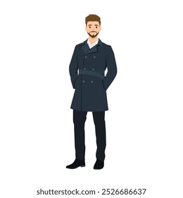 Young businessman wearing coat with hands inside pocket. Flat vector illustration isolated on white background