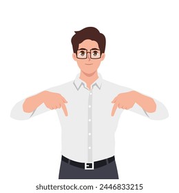 Young businessman wearing glasses and pointing down at a copy space. Flat vector illustration isolated on white background