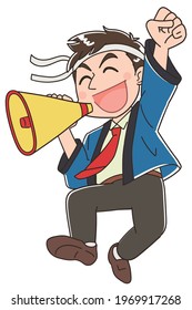 A young businessman is wearing a happi and holding a megaphone.