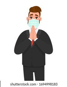 Young businessman wearing medical mask and praying hands. Trendy hipster person gesturing palms together. Male character covering face protection from virus. Cartoon illustration design in vector.