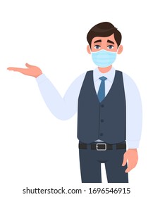 Young businessman wearing medical mask and presenting hand to copy space. Person in waistcoat covering face protection and showing gesture. Male introducing something. Cartoon illustration in vector.