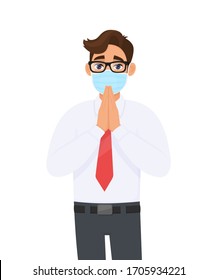 Young businessman wearing medical mask and greeting with hands together. Person with eye glasses saying namaste gesture sign. Healthy life. Male character design illustration in vector cartoon style.