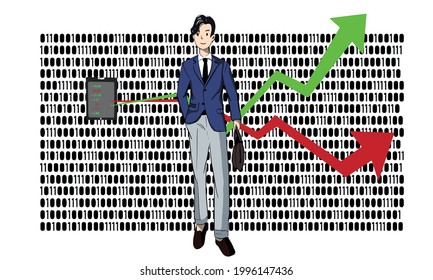 Young businessman wearing a suit with business growth graph