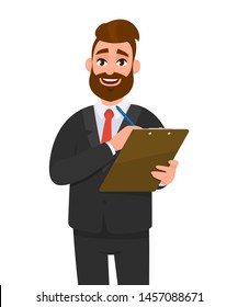 Young businessman wearing a suit holding clipboard (report, checklist, document) and writing with pen. Person keeping the file pad in hand. Male character design. Modern lifestyle concept in cartoon.