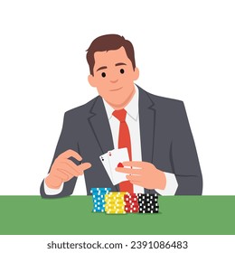 Young businessman wearing suit Playing poker. Flat vector illustration isolated on white background