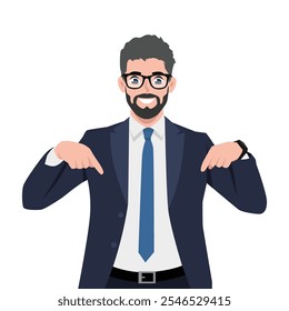 Young businessman wearing suit smiling and pointing in the direction below. Flat Vector Character Isolated.