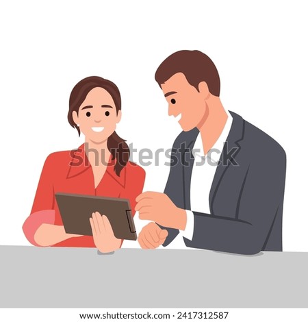 Young businessman and woman discussing about sales on tab or analyze data for marketing plan.