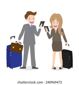 Young businessman and woman holding cell phone with luggage isolated on white background.