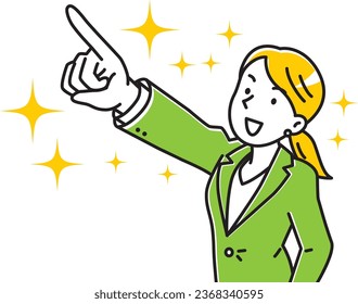 Young businessman woman pointing upwards