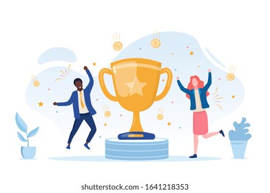 Young businessman and woman reaping the reward for their achievements celebrating and cheering on either side of a gold cup, vector illustration