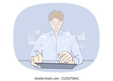 Young businessman work on tablet with chart and diagrams analyze financial data on web. Man employee or worker busy with graphs do finance banking research on pad. Vector illustration. 