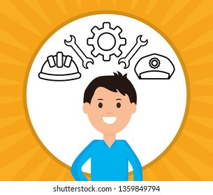 young businessman with workers icons