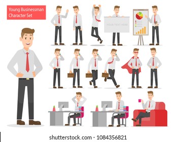 Young businessman working character design set

