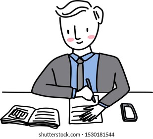 Young businessman working at desk, reviewing document. Man sitting at table, reading paperwork. Mobile phone and report displayed out on the table. Guy working at desk full of papers and phone.