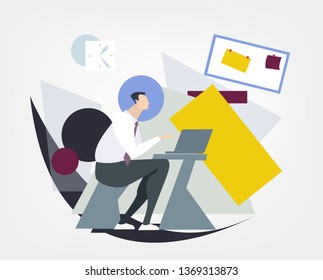 Young businessman working on computer Late working hours in office.