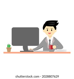 Young businessman working on computer and drinking coffee at the same time. Businessman working at desk cartoon vector