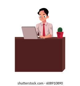Young businessman working on computer, sitting at office desk, looking at the monitor, cartoon vector illustration isolated on white background. Businessman, worker, employee working in office