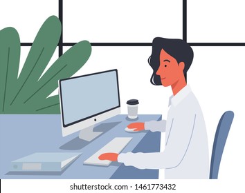 Young businessman working on his computer in the Office. Vector illustration in a flat style