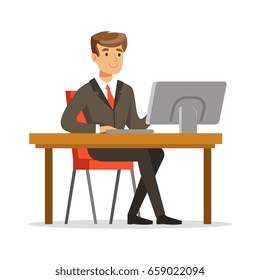 Young businessman working on his computer vector Illustration