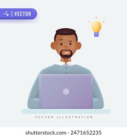 Young businessman working on the laptop and having an idea. Freelance job concept, creativity innovation and business idea concept. 3d vector people character illustration. Cartoon minimal style.