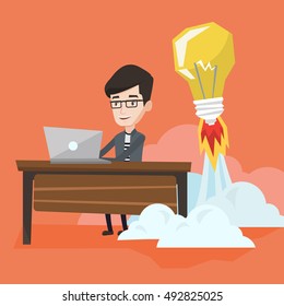 Young businessman working on laptop in office and idea bulb taking off behind him. Man having business idea. Successful business idea, start up concept. Vector flat design illustration. Square layout.