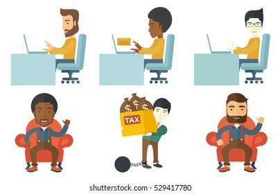 Young businessman working on a laptop. Businessman sending or receiving email using laptop. Business technology and email concept. Set of vector flat design illustrations isolated on white background.